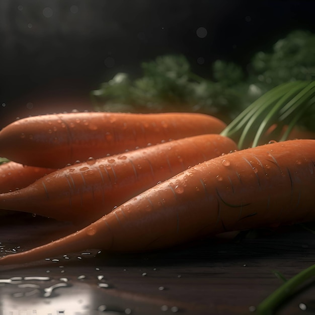 Fresh carrots with water drops on a dark background Selective focus