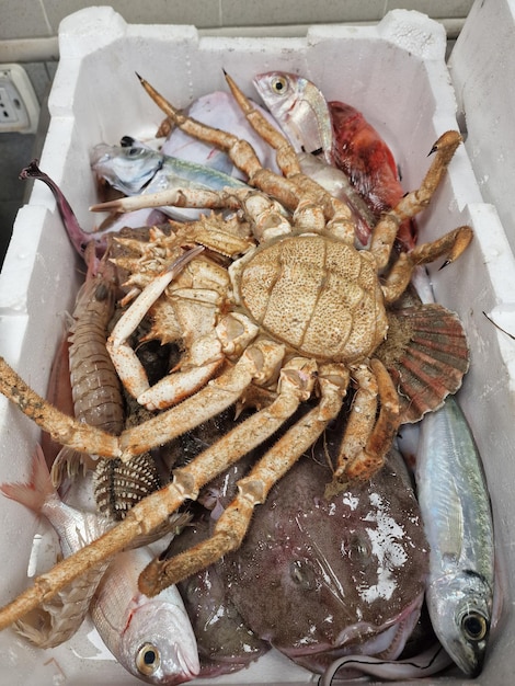 Fresh caught seafood in a box at fish market