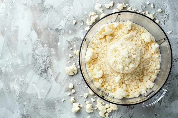 Fresh cauliflower processed for cauliflower rice on a concrete surface