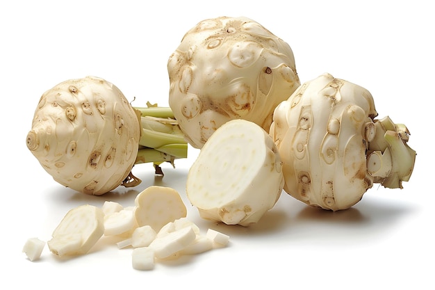 Fresh Celery Root with Slices Isolated on White Background