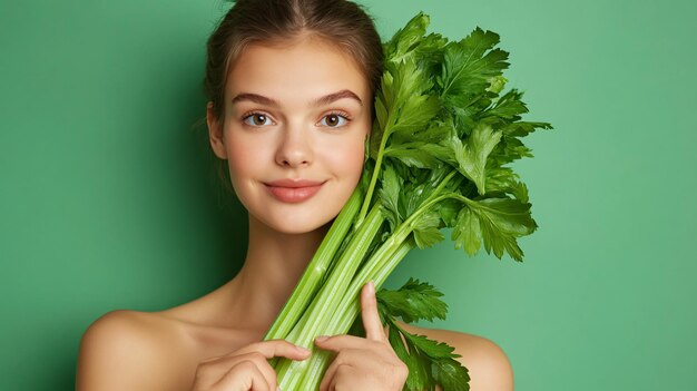 Photo fresh celery stem on green background with woman