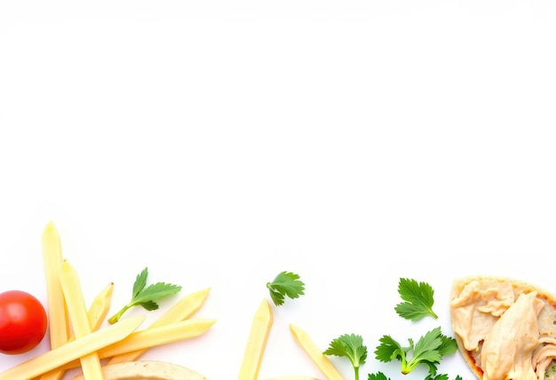 Photo fresh celery tomato and pita bread with spread on white background