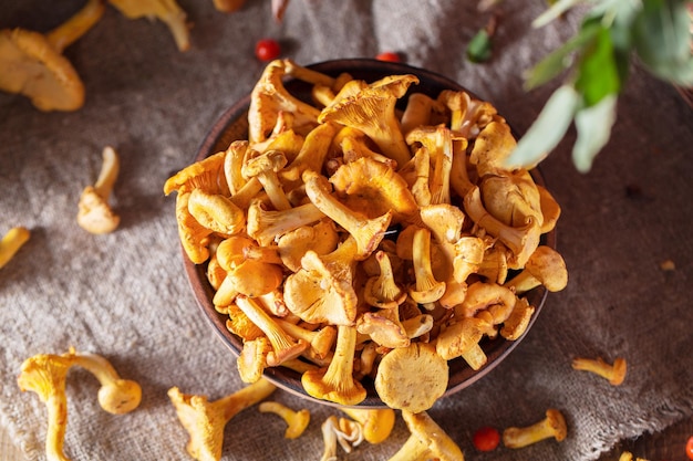 Fresh chanterelle mushrooms in a bowl Top view