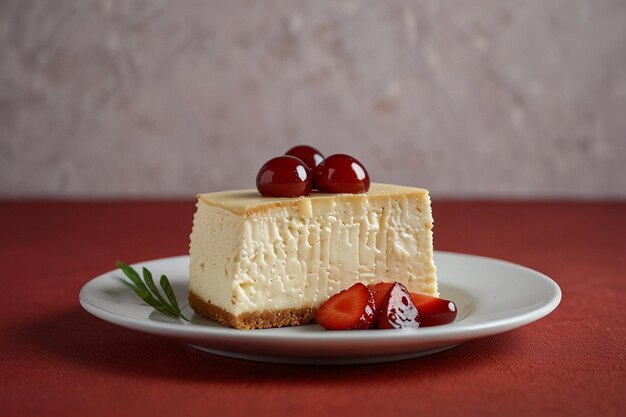 Fresh cheese cake on white plate against red background