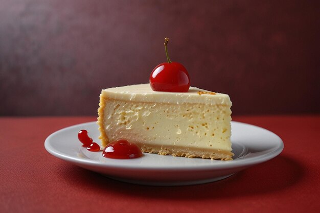 Fresh cheese cake on white plate against red background