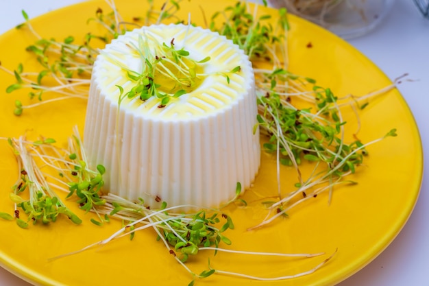 fresh cheese and tender alfalfa sprouts for a healthy and healthy diet