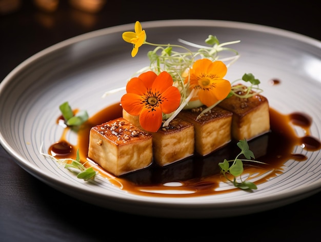 fresh cheese tofu with gravy elegantly served generated ai