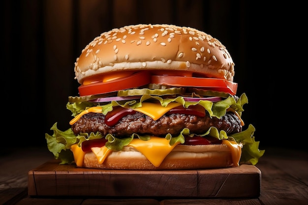 Fresh cheeseburger on wooden board