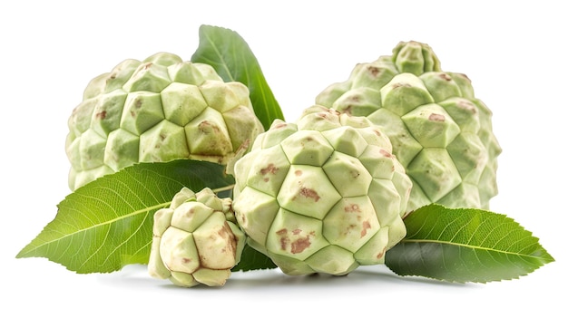 Fresh cherimoya fruit and green leaves Perfect for healthy food blogs or exotic produce markets Detailed botanical photography AI