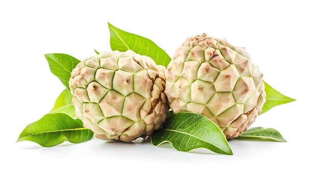 Fresh cherimoya fruits with green leaves Organic tropical produce on white background Perfect for healthy recipes and natural lifestyle concepts AI