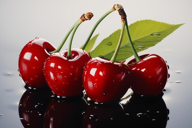 Fresh cherries with water drops on a black reflective surface