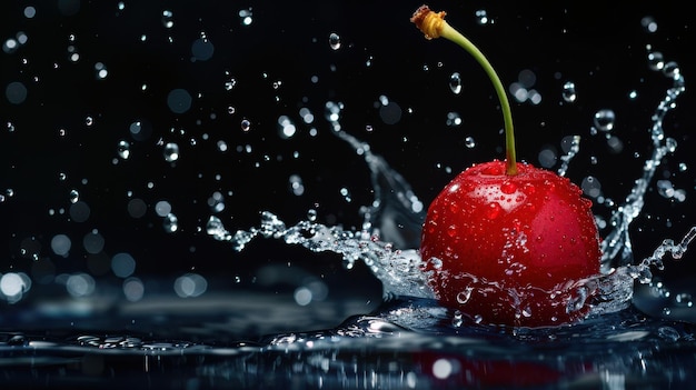 A fresh cherry creates a splash in water set on a dark backdrop