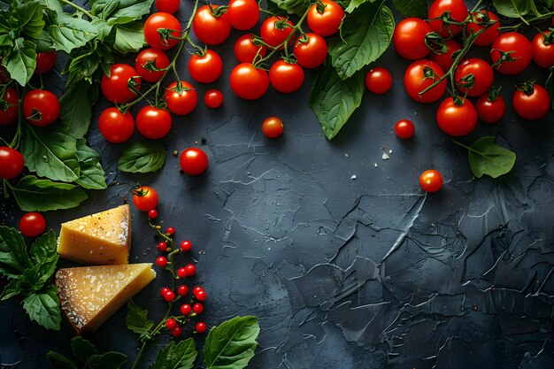 Fresh Cherry Tomatoes and Parmesan Cheese with Basil and Rustic Background for Culinary Design