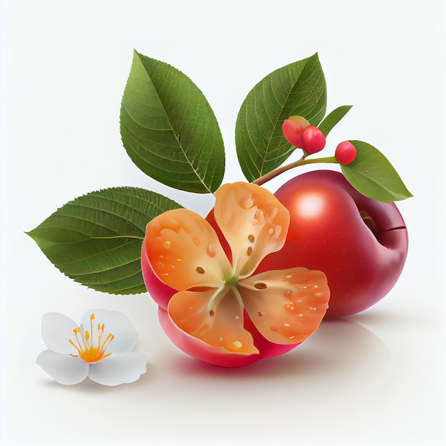 Fresh cherry with flower and leaves on white background