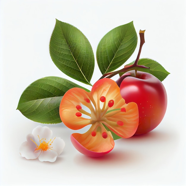 Fresh cherry with leaves and flower on white background