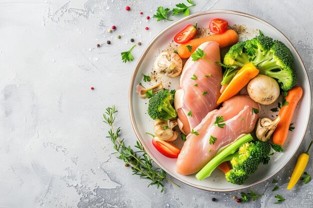 Photo fresh chicken breast fillets with tomato and herbs on a plate