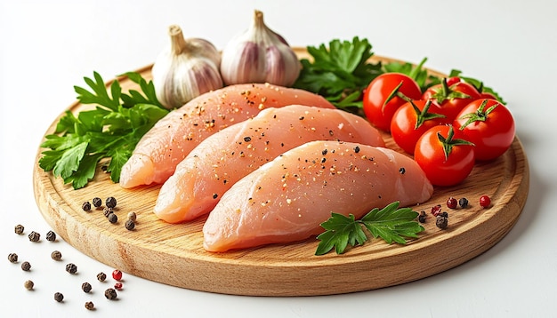 Photo fresh chicken breasts and ingredients on cutting board isolated