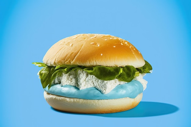 Fresh chicken bun with lettuce cheese and onions isolated on a background of vivid blue an angle