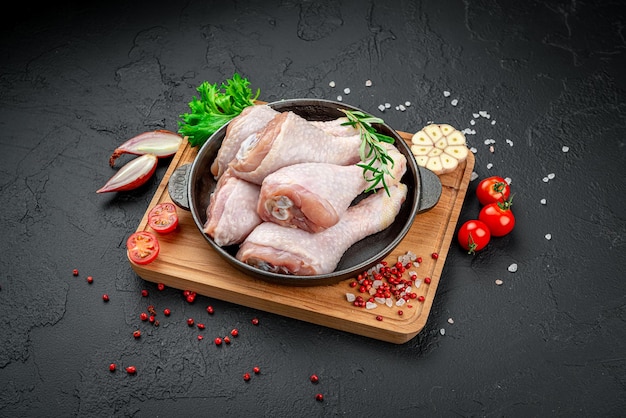 Fresh chicken drumsticks legs with ingredients for cooking in a frying pan