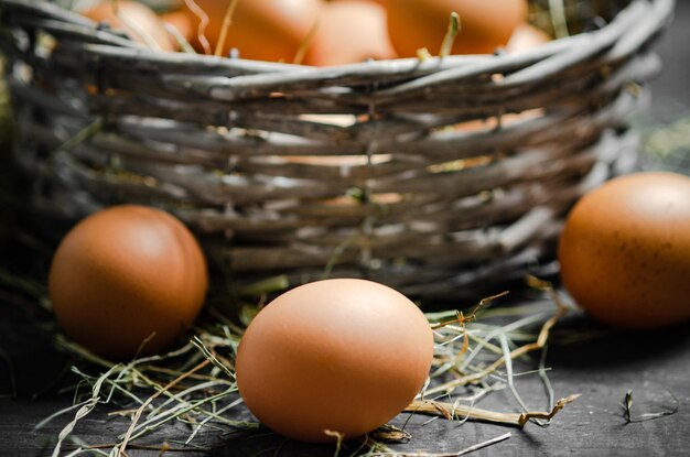 Fresh chicken eggs in a basket