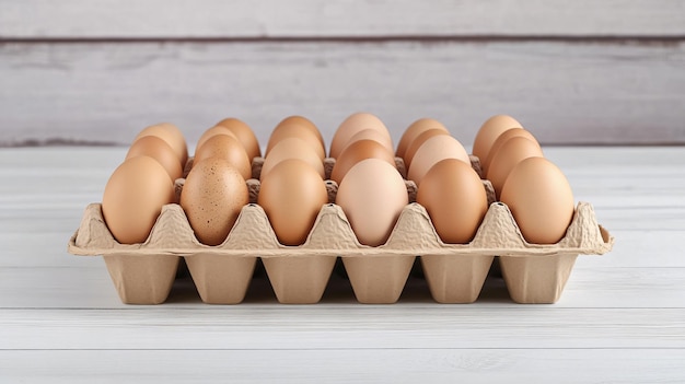 Fresh Chicken Eggs in Cardboard Rack on White Wooden Table