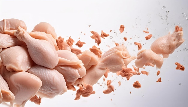 Fresh chicken pieces on a white background that emphasizes the texture and quality of the meat