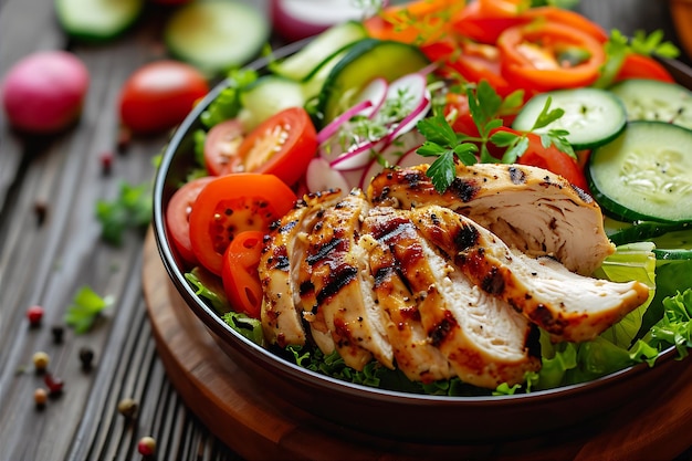 Fresh Chicken Salad with Sliced Vegetables on Wooden Board