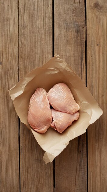 Photo fresh chicken thighs wrapped in paper on rustic wooden table