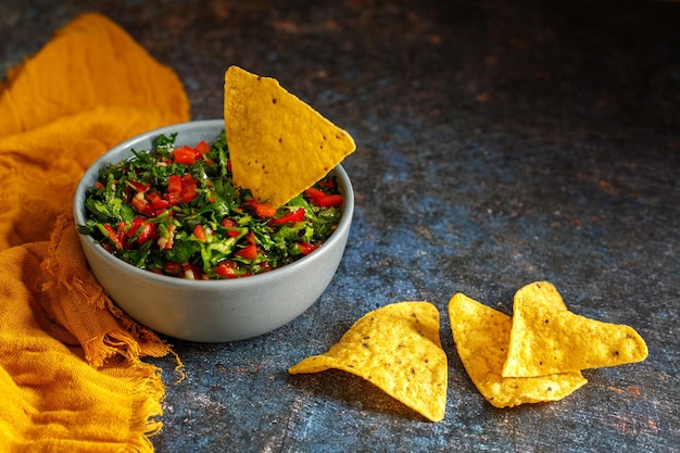 Fresh Chimichurri sauce or Chimichurri salsa with tortilla chips