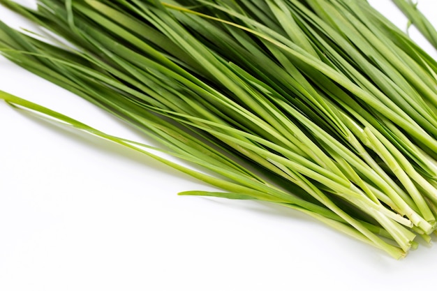 Fresh Chinese Chive leaves on white background.