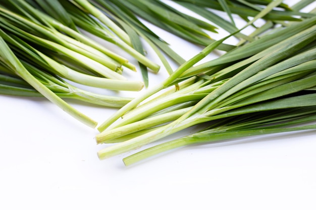 Fresh Chinese Chive leaves on white background.