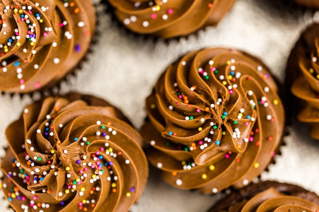 Fresh chocolate cupcakes on the tray.