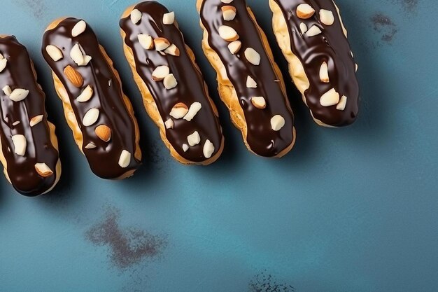 Photo fresh chocolate eclairs and peanuts placed on blue background