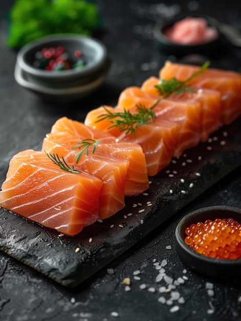 Fresh Chutoro sashimi slices on a dark noble background with garnish