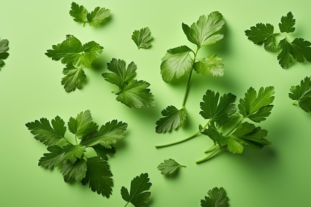 Fresh cilantro leaves lay scattered on a light green background