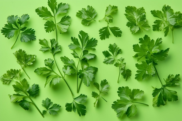 Fresh cilantro leaves lay scattered on a light green background