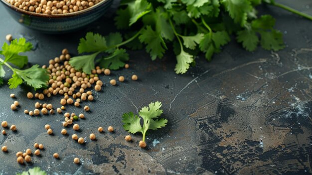 Photo fresh cilantro leaves and seeds artistically arranged on a dark rustic surface creating a scene of culinary freshness and natural beauty