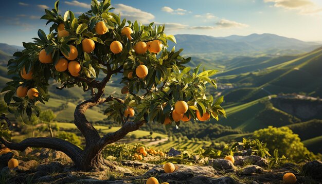 Photo fresh citrus fruit on a tree in a sunny orchard generated by ai