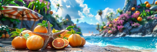 Fresh Citrus Fruits on a Beach Colorful Oranges and Grapefruits with Tropical Background