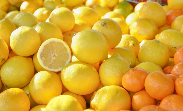 Fresh citrus fruits at a market lemon and oranges