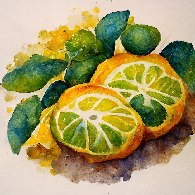 Fresh citrus fruits Watercolor citrus lime orange lemon whole and slices