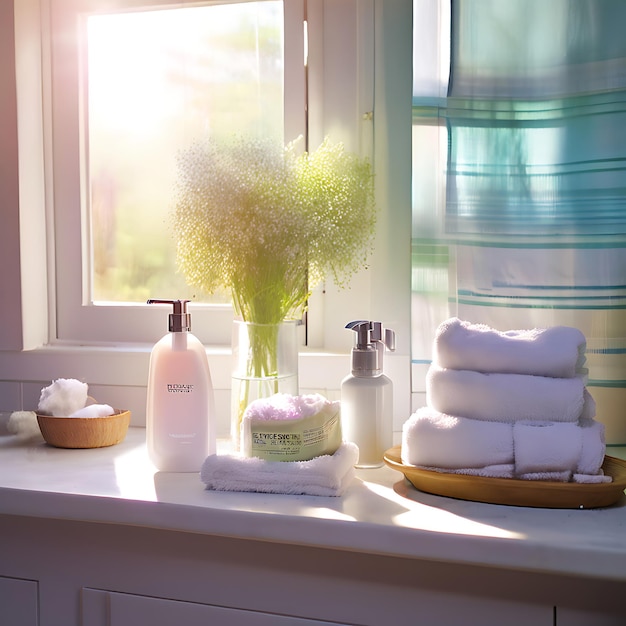 Photo a fresh and clean bathroom scene with freshbreeze air freshener and soft towels