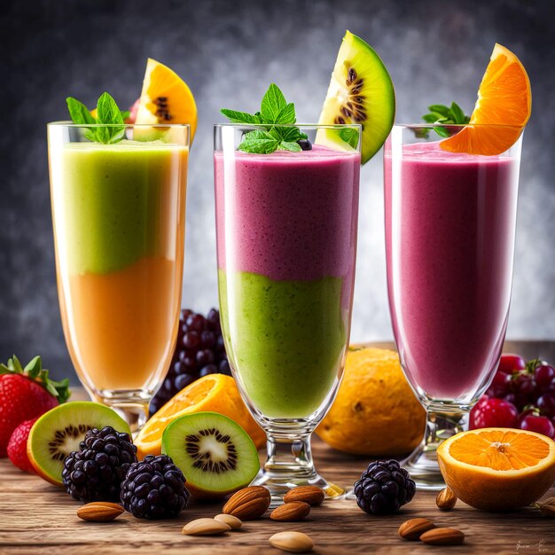 Fresh Closeup image of row of five glass screw cap bottles of fruit juice