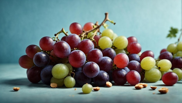 Fresh cluster of dark red grapes on a light bule background