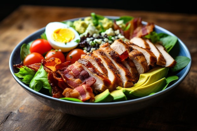 A fresh Cobb salad with layers of avocado hardboiled e