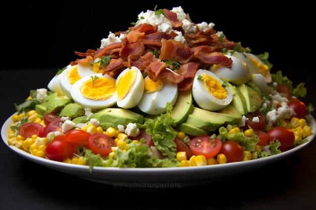 A fresh Cobb salad with layers of bacon eggs avocado an