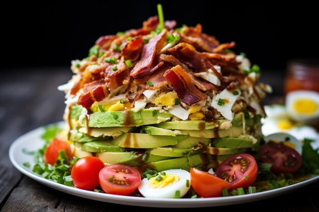 A fresh Cobb salad with layers of cherry tomatoes bacon