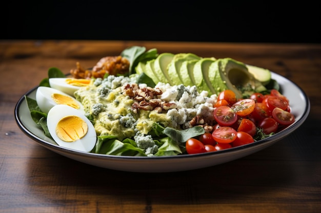 A fresh Cobb salad with a mix of greens cherry tomatoes