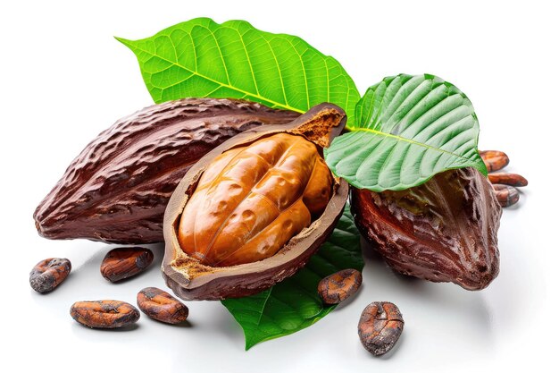 Fresh cocoa fruits with half sliced and green leaf isolated on white background with clipping path