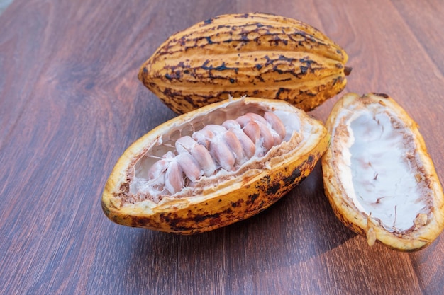 Fresh cocoa fruits with half sliced on wooden table